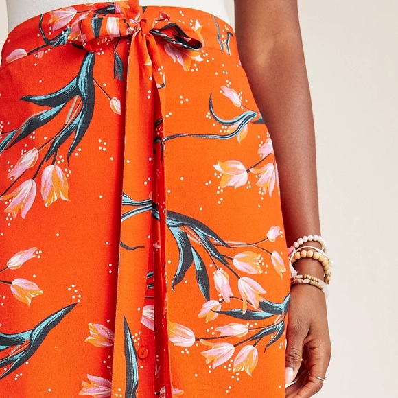 Anthropologie Corey Lynn Calter Orange Floral Midi Skirt Front Tie & Side Slits - Picture 3 of 9